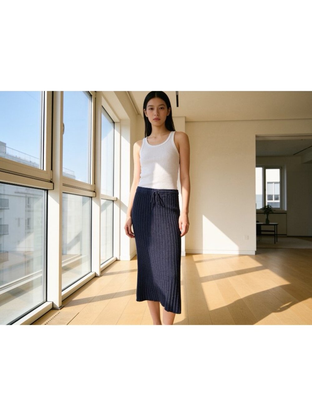 Free People Beach Maxi Skirt Small Navy Blue Stretch Ribbed Knit Pull On Classic
